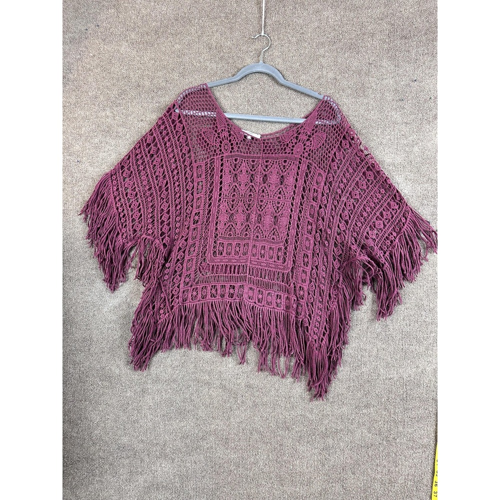 Blu Pepper Blouse Womens L Purple Cropped Kimono Sleeve Crochet Fringe
